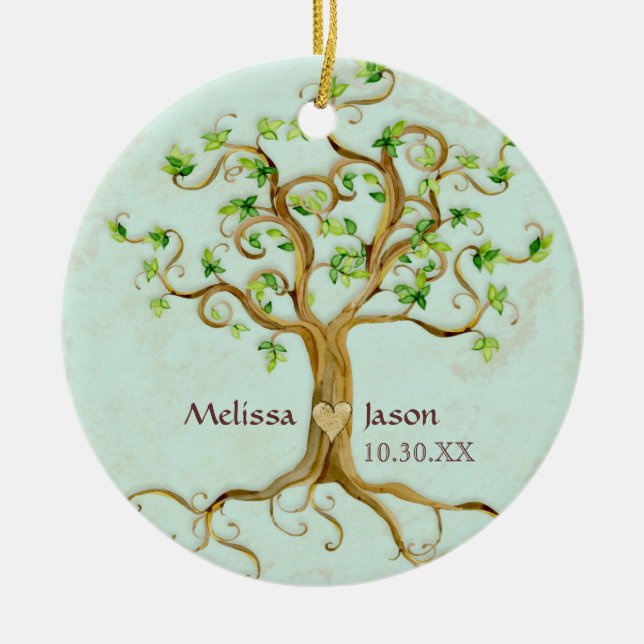 Swirl Tree Roots Antiqued Personalized Names Heart Ceramic Ornament (Front)