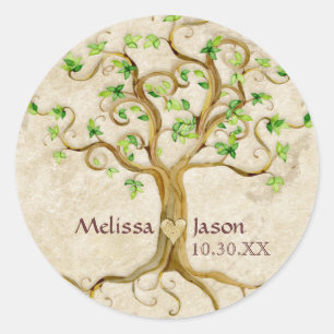 Swirl Tree Roots Antiqued Personalized Names Heart Classic Round Sticker