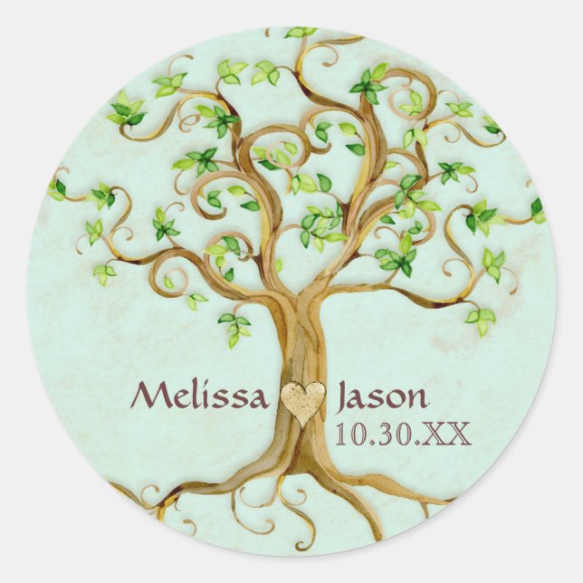 Swirl Tree Roots Antiqued Personalized Names Heart Classic Round Sticker (Front)
