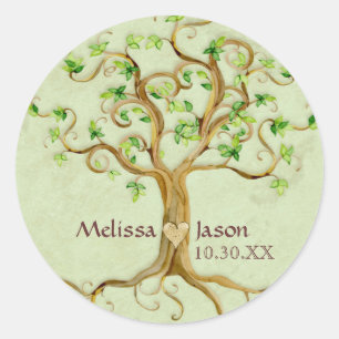 Swirl Tree Roots Antiqued Personalized Names Heart Classic Round Sticker