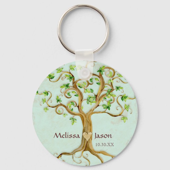 Swirl Tree Roots Antiqued Personalized Names Heart Keychain (Front)