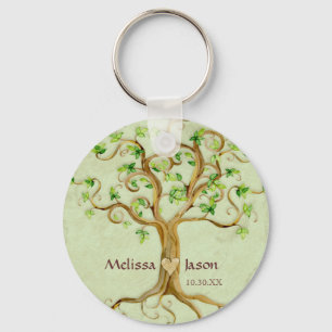 Swirl Tree Roots Antiqued Personalized Names Heart Keychain