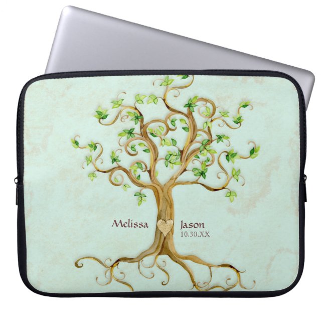 Swirl Tree Roots Antiqued Personalized Names Heart Laptop Sleeve (Front)