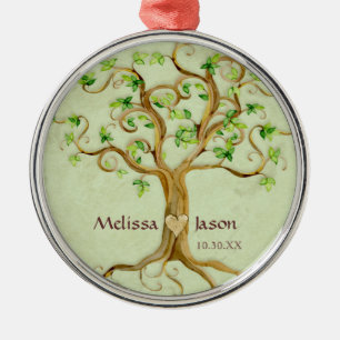 Swirl Tree Roots Antiqued Personalized Names Heart Metal Ornament