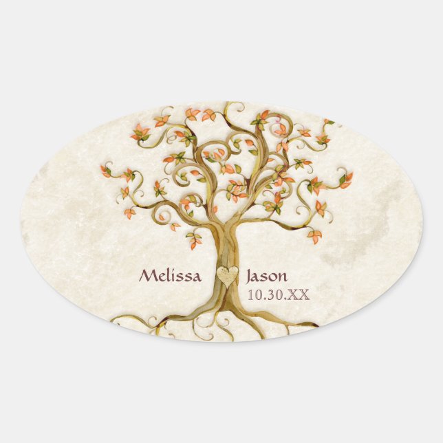 Swirl Tree Roots Antiqued Personalized Names Heart Oval Sticker (Front)