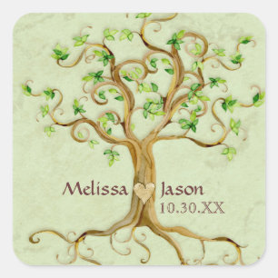 Swirl Tree Roots Antiqued Personalized Names Heart Square Sticker
