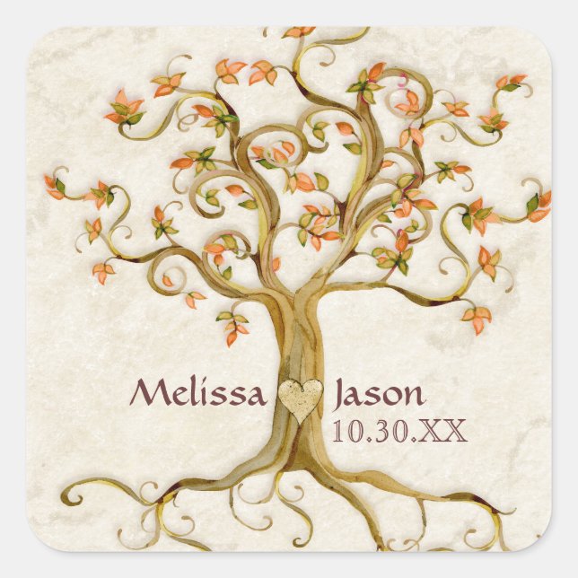 Swirl Tree Roots Antiqued Personalized Names Heart Square Sticker (Front)