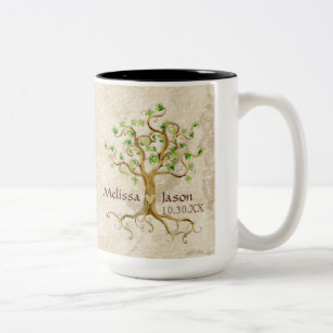 Swirl Tree Roots Antiqued Personalized Names Heart Two-Tone Coffee Mug