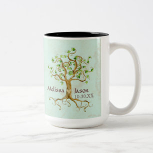 Swirl Tree Roots Antiqued Personalized Names Heart Two-Tone Coffee Mug