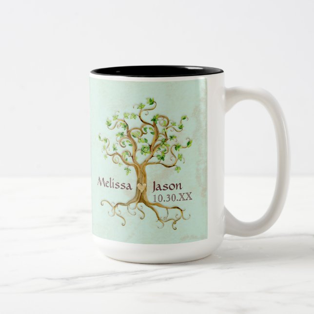 Swirl Tree Roots Antiqued Personalized Names Heart Two-Tone Coffee Mug (Right)