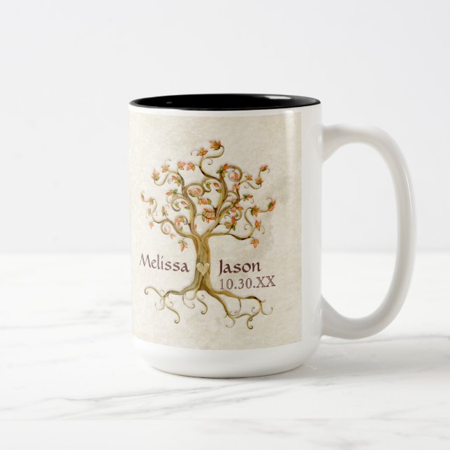 Swirl Tree Roots Antiqued Personalized Names Heart Two-Tone Coffee Mug (Right)