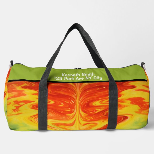 Swirling Abstract Fire Gear Monogram Personalized Duffle Bag (Front)