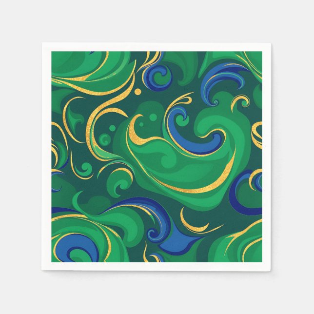 Swirling Abstract Pattern in Rich Green and Gold Napkin (Front)