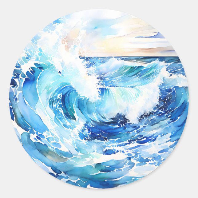 Swirling Blues and Whites Abstract Ocean Wave Classic Round Sticker (Front)