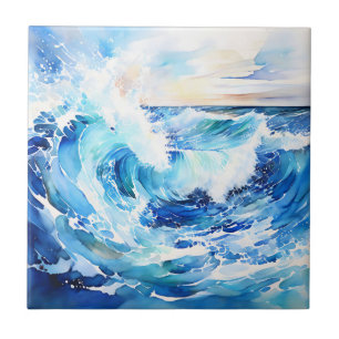 Swirling Blues and Whites Abstract Ocean Wave Tile