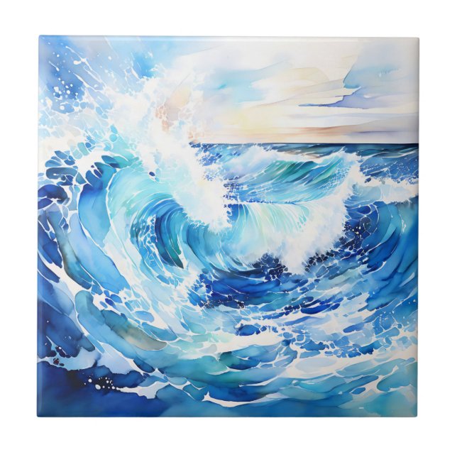 Swirling Blues and Whites Abstract Ocean Wave Tile (Front)