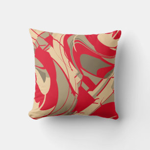 Swirling Bright Red Beige Taupe Floral Diagonal Throw Pillow