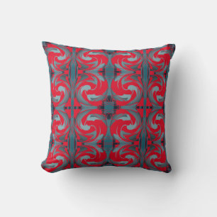 Swirling Bright Red Slate Seafoam Mosaic Scrolls Throw Pillow