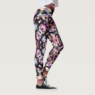 Swirling Chequerboard Abstract in Black, Pink Leggings