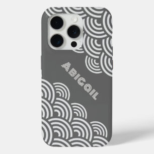 Swirling Circles and Name in White on Grey iPhone 15 Pro Case
