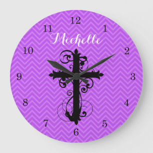 Swirling Cross Purple Chevron Personalized Large Clock