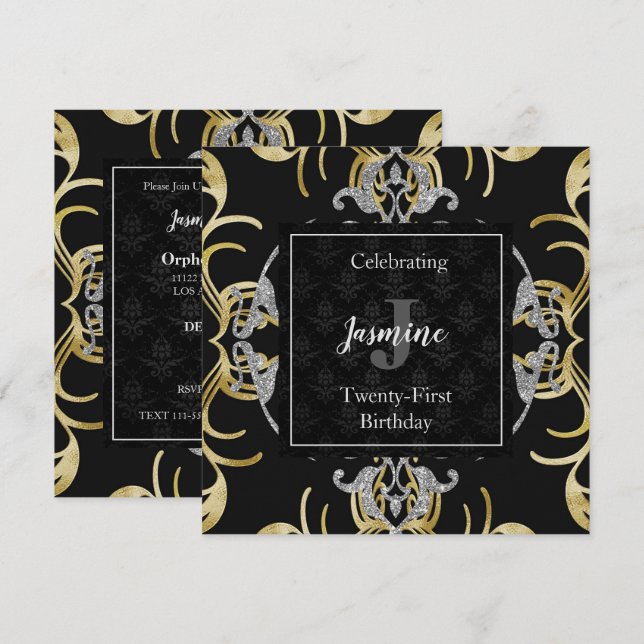 Swirling Gold and Silver Birthday Invitation (Front/Back)