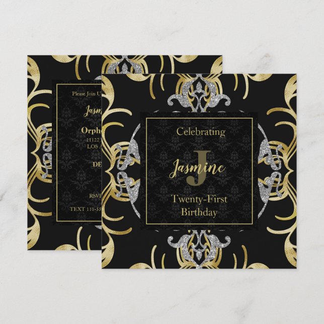 Swirling Gold and Silver Birthday Invitation (Front/Back)