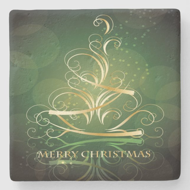 Swirling Gold Ribbon Christmas Tree Stone Coaster (Front)