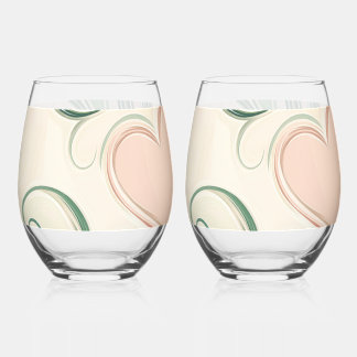 Swirling green lines with pink hearts stemless wine glass