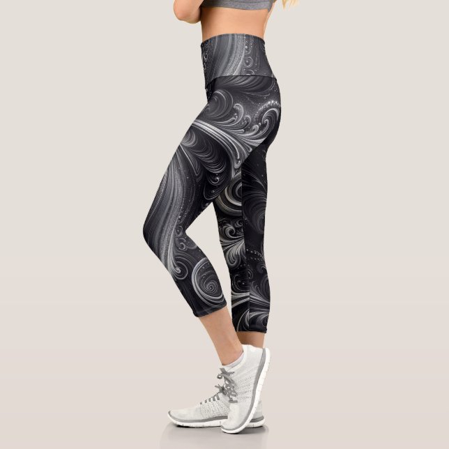 Swirling Modern Abstract Black and Silver Capri Leggings (Left)