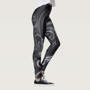 Swirling Modern Abstract Black and Silver Leggings