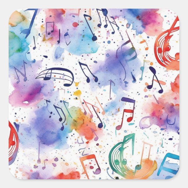 Swirling musical notes watercolor square sticker (Front)
