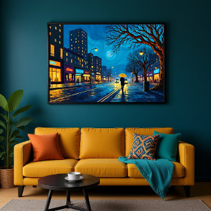 Swirling Night Cityscape with Yellow Umbrella Poster