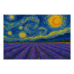 Swirling Night Sky over Lavender Field Poster