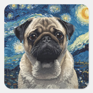 Swirling Night Sky Painting Beige Pug Art Square Sticker