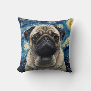 Swirling Night Sky Painting Beige Pug Art Throw Pillow