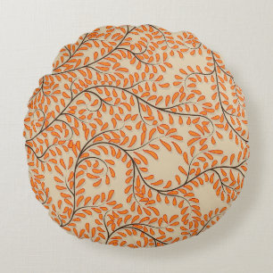 Swirling Orange Leaves on Beige Background Round Pillow