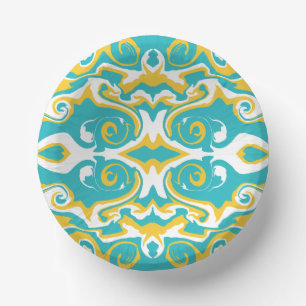 Swirling Pattern in Turquoise and Yellow Paper Plate