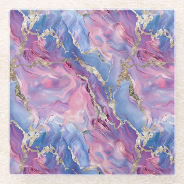 Swirling Pattern of Marbled Effect Pink and Blue Glass Coaster (Front)