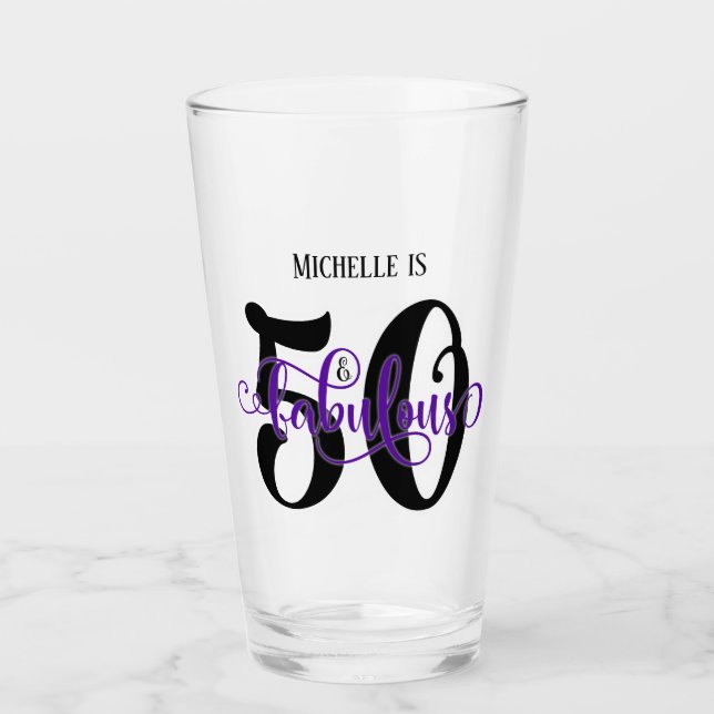 Swirling Purple 50 & Fabulous Birthday with Name Glass (Front)