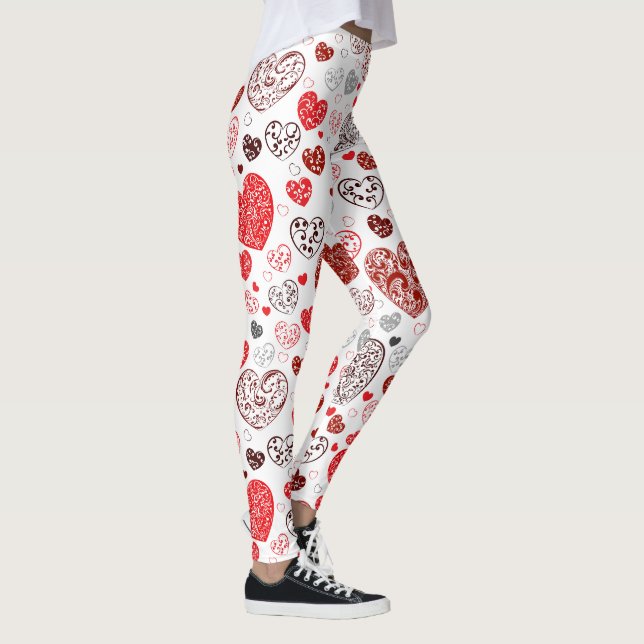 Swirling Red Decorative Heart Pattern Leggings (Right)