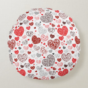 Swirling Red Decorative Heart Pattern Round Pillow