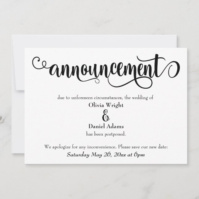 Swirling Script Postponed Wedding Announcement (Front)