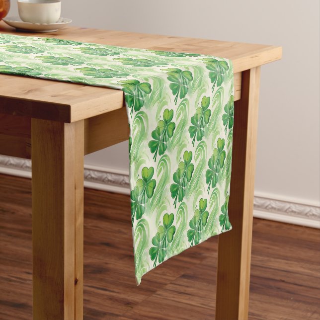 Swirling Shamrock Four Leaf Clover St Patricks Day Short Table Runner (In Situ)