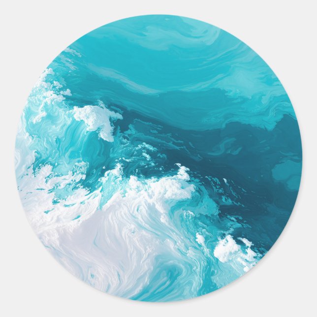 Swirling Turquoise Waves Abstract Ocean Wave Art Classic Round Sticker (Front)