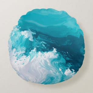Swirling Turquoise Waves Abstract Ocean Wave Art Round Pillow