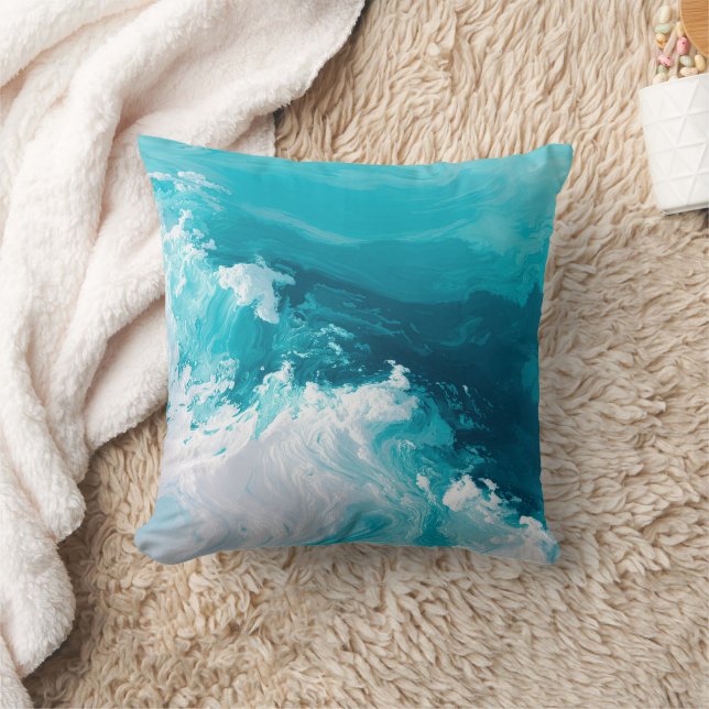Swirling Turquoise Waves Abstract Ocean Wave Art Throw Pillow (Blanket)
