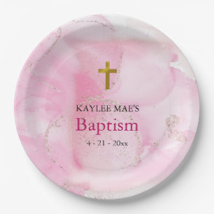 Swirling & Twirling Pink Clouds Baptism Paper Plate