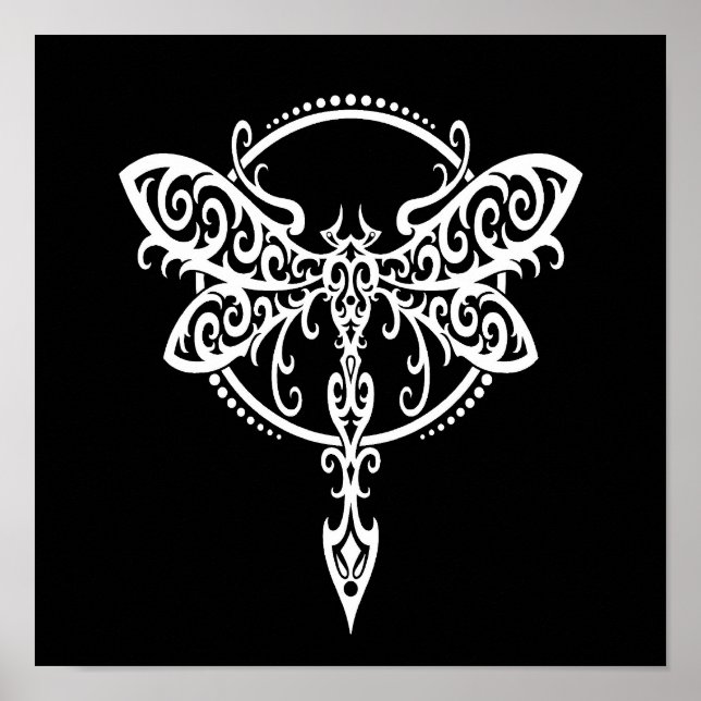 Swirling White Dragonfly on Black Poster (Front)