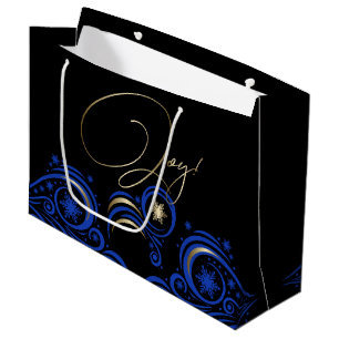 Swirls and Snowflakes Blue and Gold JOY Large Gift Bag